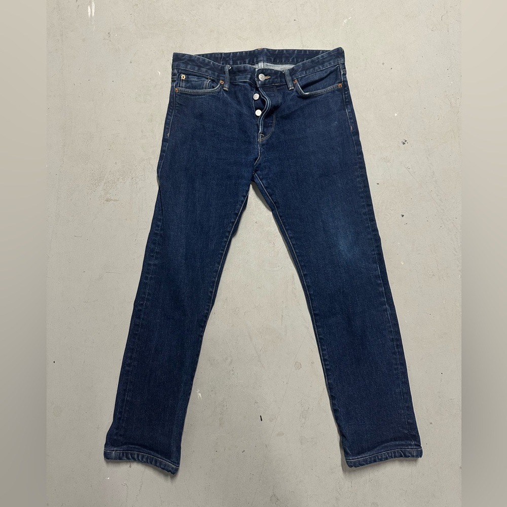 Buck Mason Jeans Mens 34x28 Maverick Slim Double Dipped 14oz Denim Button Fly